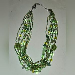 Vintage EsMor Multi Strand Green Glass Beaded Necklace Silver Tone Clasp 21"